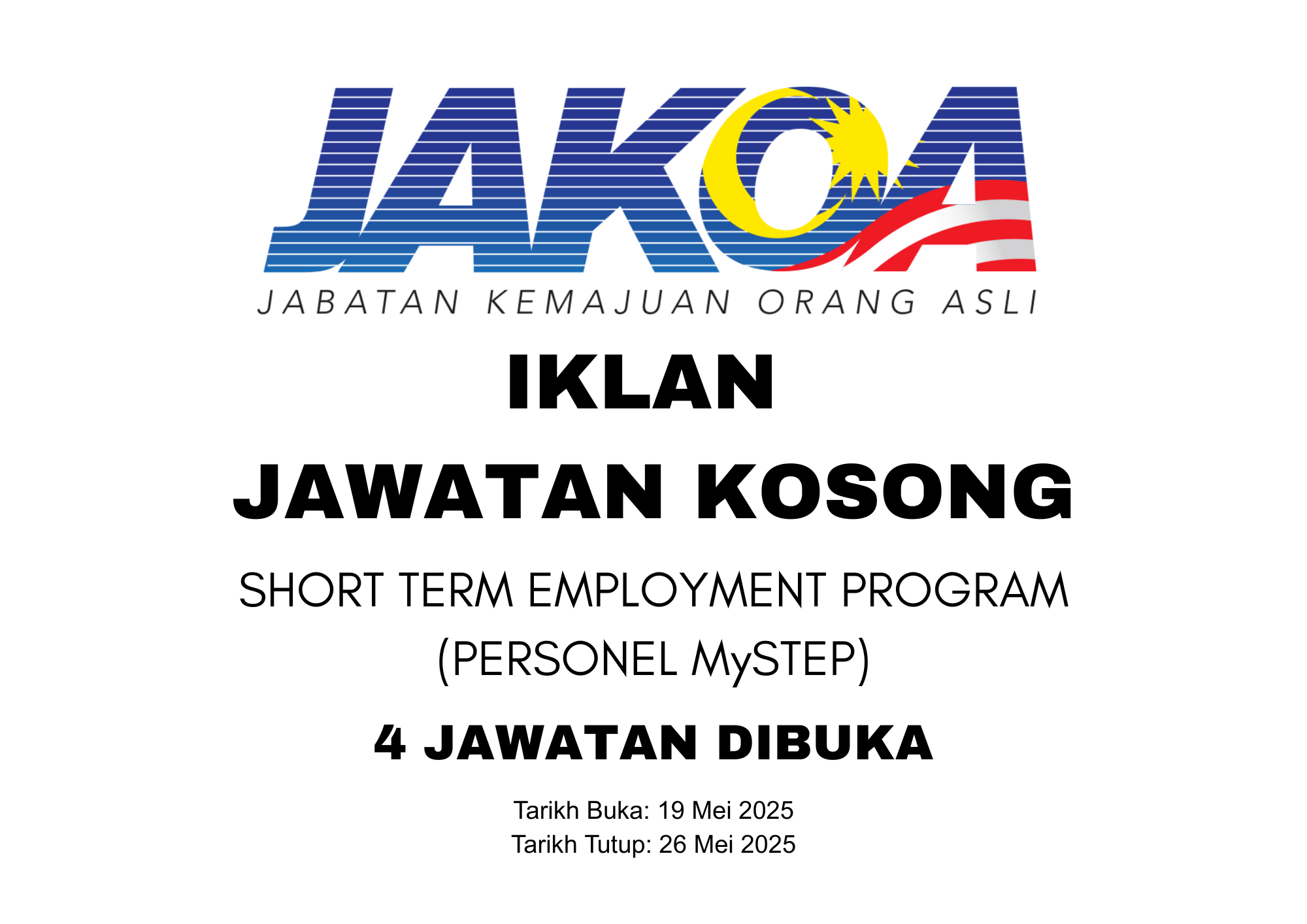 IKLAN JAWATAN KOSONG SHORT TERM EMPLOYMENT PROGRAM (MYSTEP) 4 JAWATAN DIBUKA