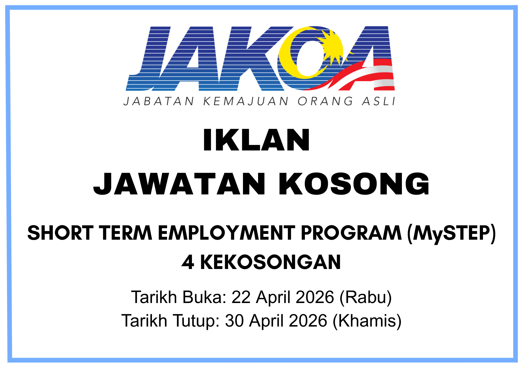 IKLAN JAWATAN KOSONG (4 KEKOSONGAN)